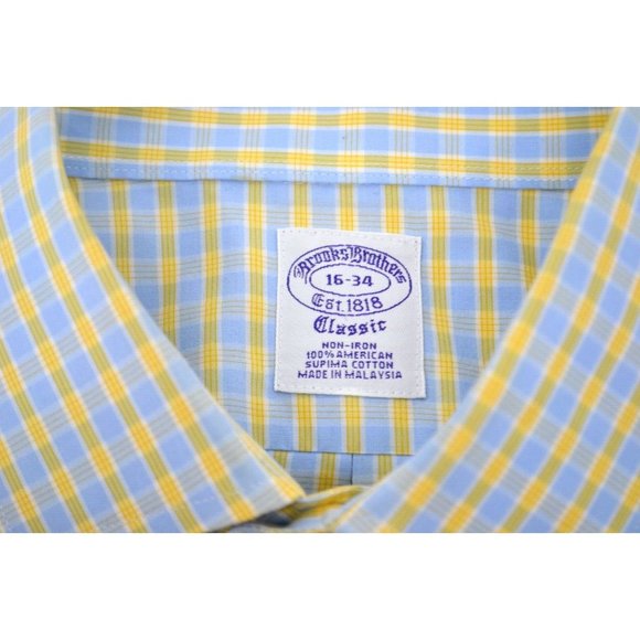 BROOKS BROTHERS Men's Non Iron Dress Shirt SIZE 16 (34) Blue Yellow Check - Picture 5 of 5